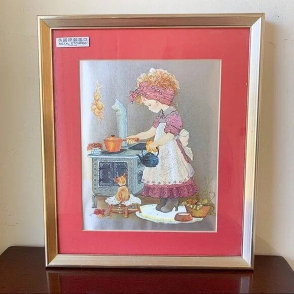Japanese Framed Metallic Foil Art Print Vintage Girl Cat Cooking Silver - Picture 1 of 5